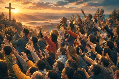 a large group of people standing in front of a cross