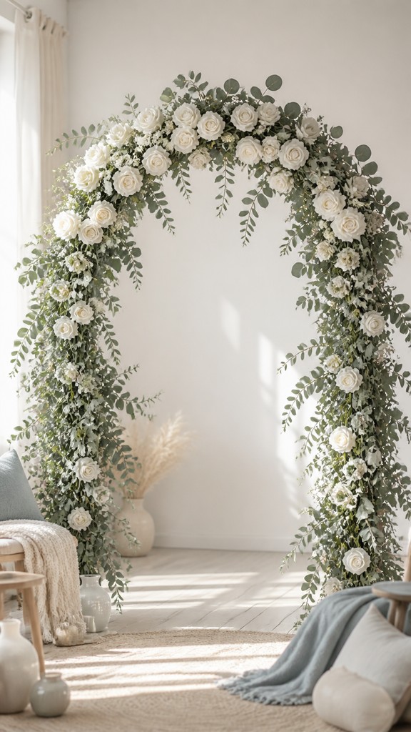 an arch of white roses and eucalyptus in soft morning light, elegant vertical composition with open space, no text
