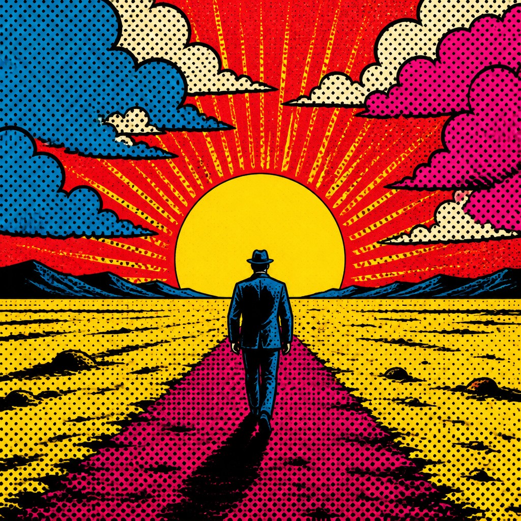 a solitary figure walking toward a glowing horizon across an empty plain, moody atmosphere, no text or lettering