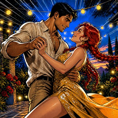 an original couple dancing under string lights in a garden at dusk: a man with short black hair in a linen shirt and a woman with braided red hair in a summer dress