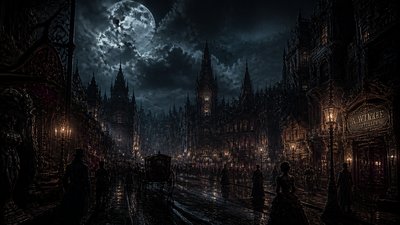 bustling city street panorama at dusk