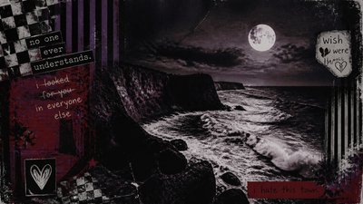 a moonlit coastline with cliffs and crashing surf, no people