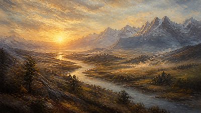 a vast valley with a river winding toward distant mountains at sunrise, no people, no text