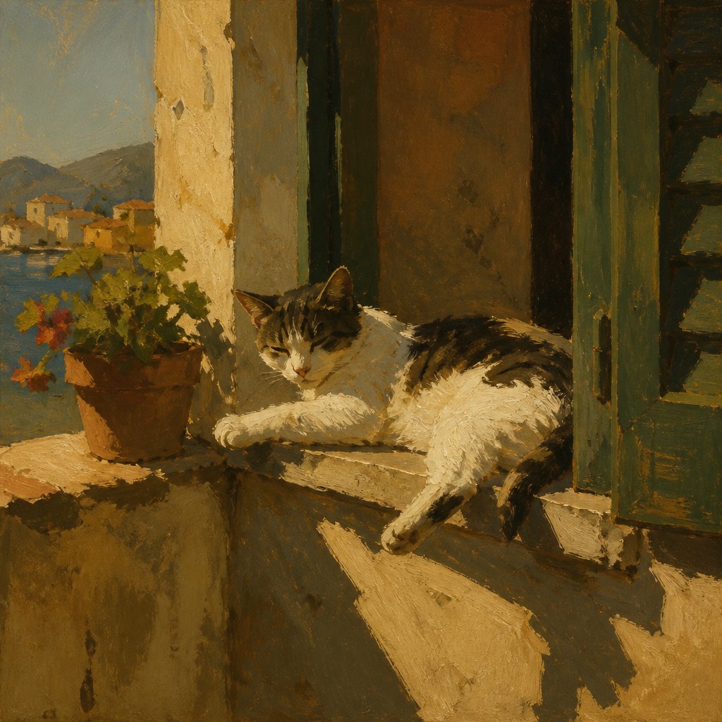 a cat lounging in a sunlit window — Macchiaioli Art Style