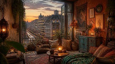 bustling city street panorama at dusk