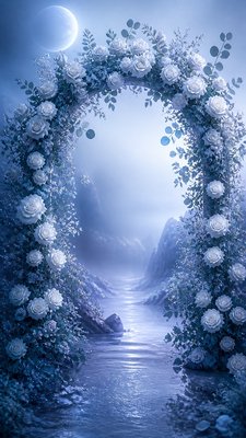 an arch of white roses and eucalyptus in soft morning light, elegant vertical composition with open space, no text