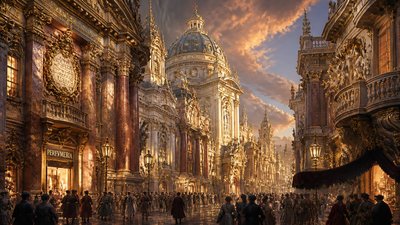bustling city street panorama at dusk