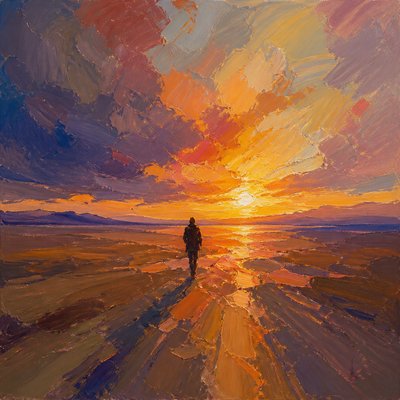 a solitary figure walking toward a glowing horizon across an empty plain, moody atmosphere, no text or lettering