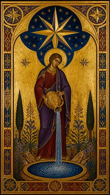 a robed figure pouring water beneath a large eight-pointed star in a night sky, symmetrical composition with an ornate decorative border, no text