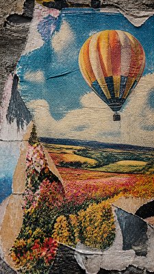 a hot air balloon drifting over rolling flower fields on a sunny day, cheerful, no text