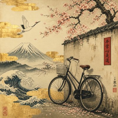 bicyle resting against a wall — Japanese Art Style