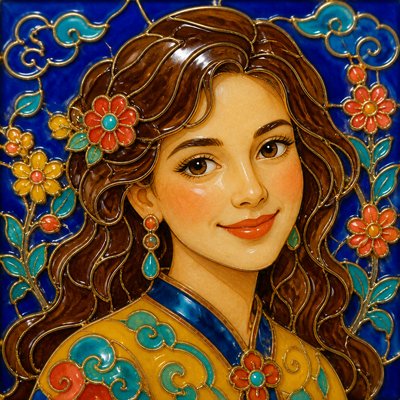 head-and-shoulders portrait of an original character: a young woman with wavy chestnut hair and a warm smile, plain soft backdrop