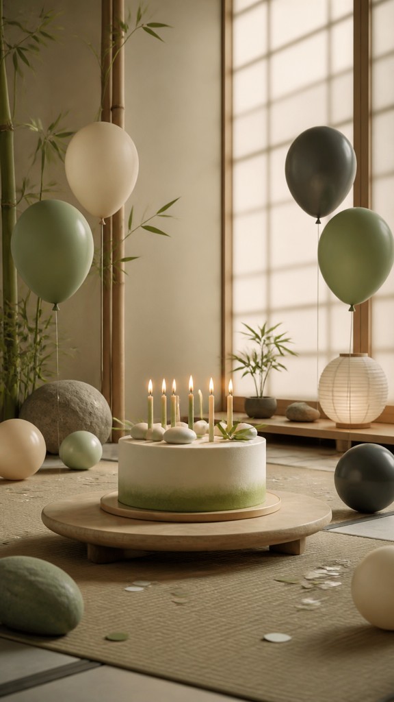a birthday cake with lit candles surrounded by balloons and confetti, festive vertical composition, no text