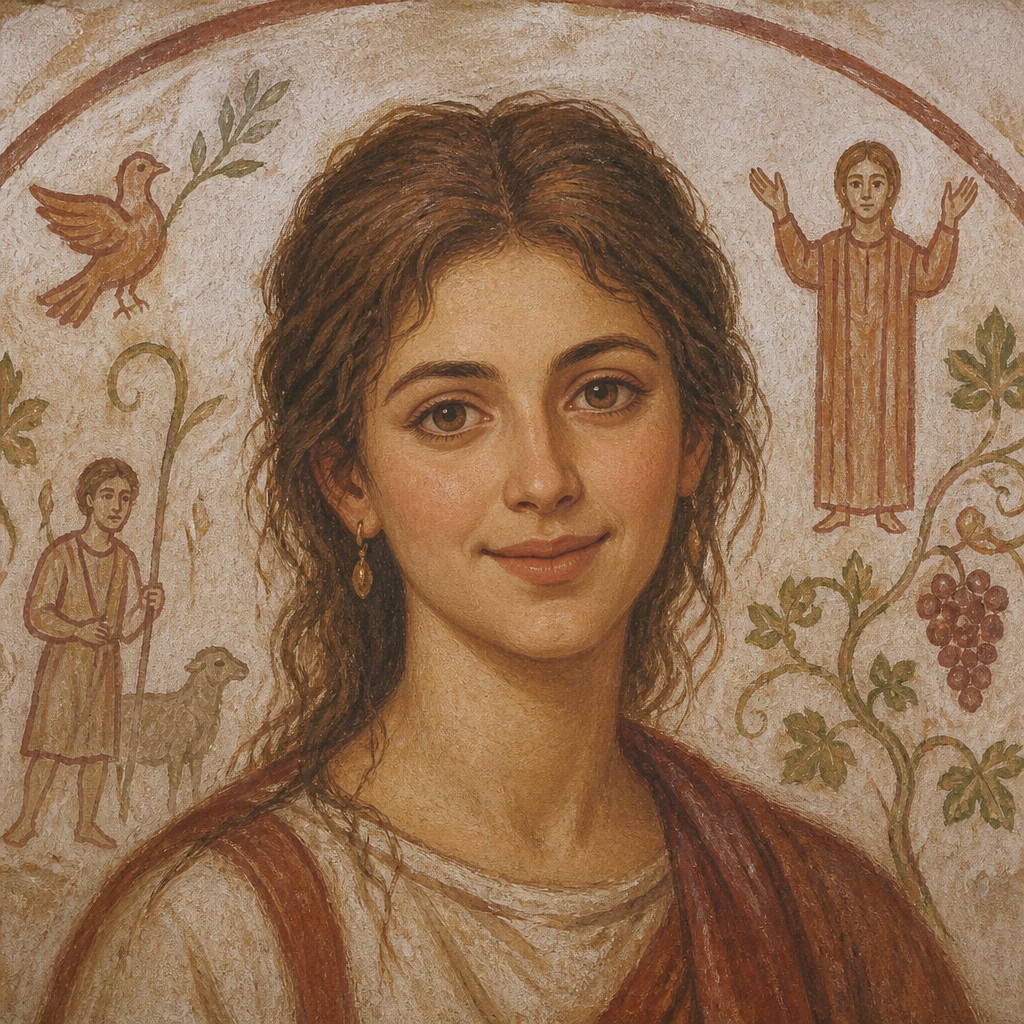 head-and-shoulders portrait of an original character: a young woman with wavy chestnut hair and a warm smile, plain soft backdrop
