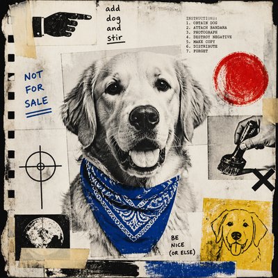 portrait of a golden retriever wearing a blue bandana, warm plain backdrop, no text