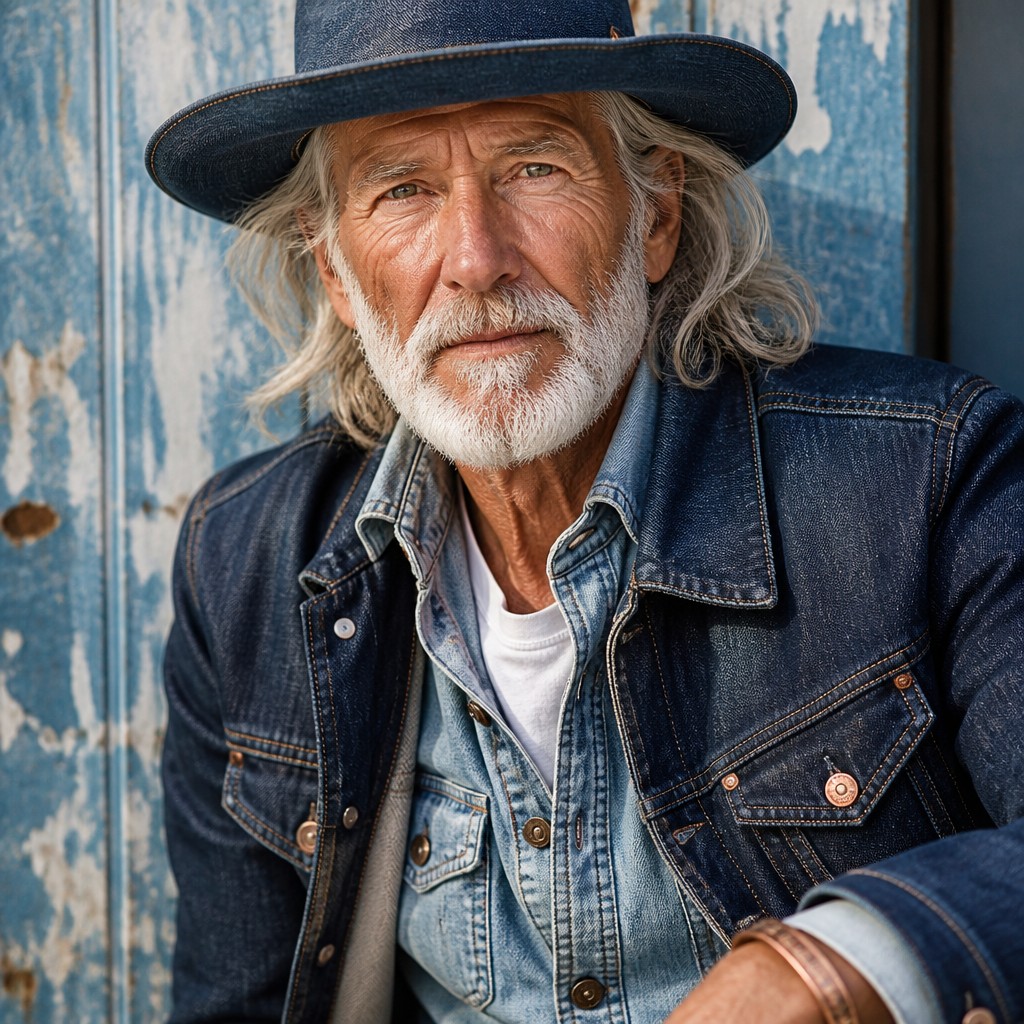 close-up portrait of an elderly person with expressive weathered features — Denim-on-Denim Fashion Style