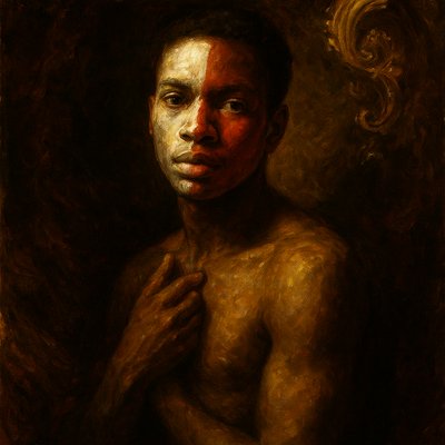 a painting of a shirtless man with his hands on his chest