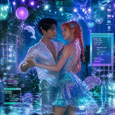 an original couple dancing under string lights in a garden at dusk: a man with short black hair in a linen shirt and a woman with braided red hair in a summer dress