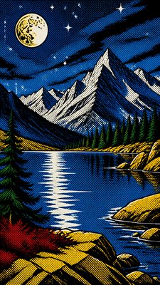 a tranquil mountain lake beneath a starry night sky, no people, no text
