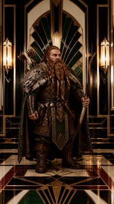 full-body original character: a dwarven ranger with a braided auburn beard, worn leather armor, a longbow and a wolf-pelt cloak, neutral background, no text