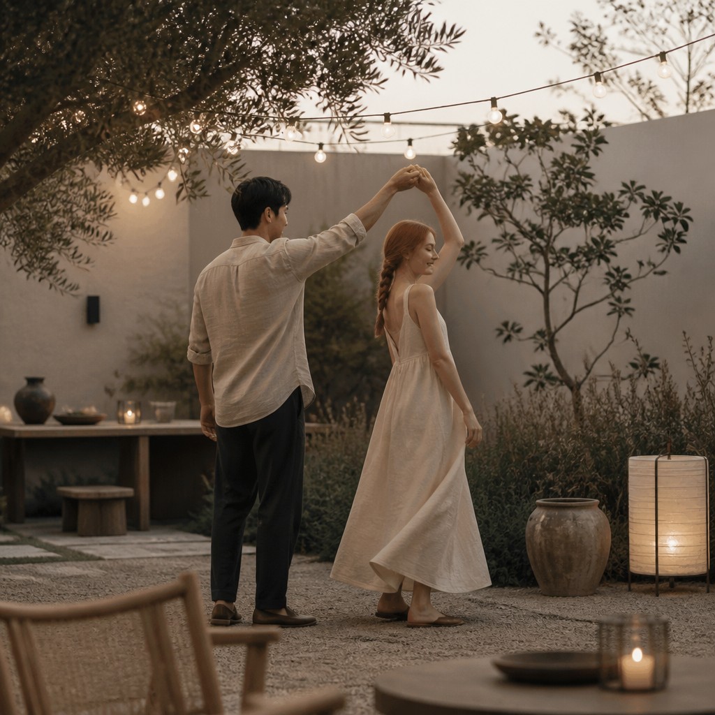 an original couple dancing under string lights in a garden at dusk: a man with short black hair in a linen shirt and a woman with braided red hair in a summer dress