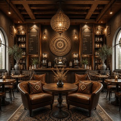 cozy cafe interior with warm lighting
