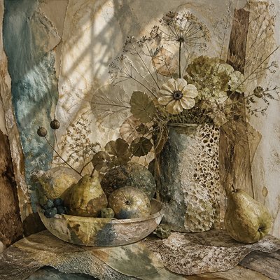 still life arrangement of fruits and flowers