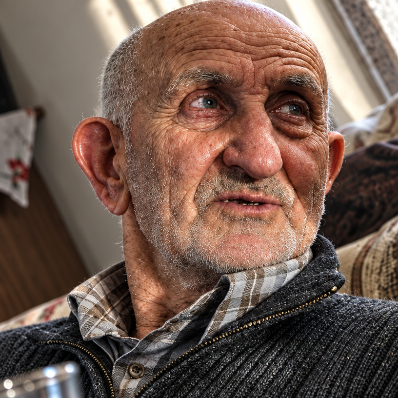 an old man with a sweater on and a cup in his hand
