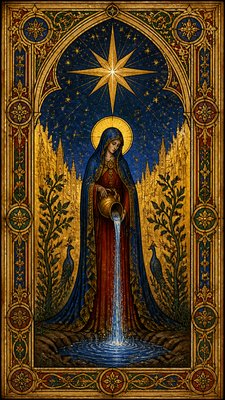 a robed figure pouring water beneath a large eight-pointed star in a night sky, symmetrical composition with an ornate decorative border, no text