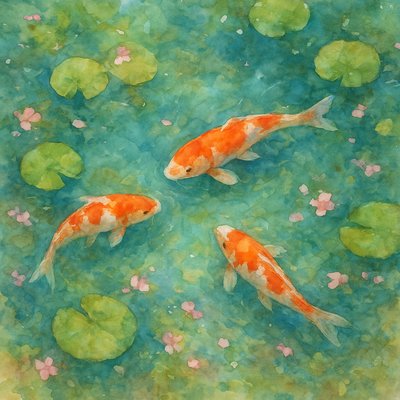 A koi pond seen from above, orange and white koi fish swimming among lily pads, clear water with subtle ripples, fallen cherry blossom petals floating on the surface, dappled sunlight