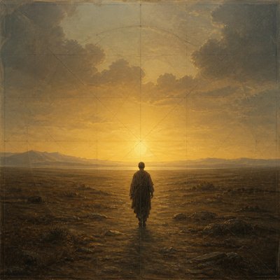 a solitary figure walking toward a glowing horizon across an empty plain, moody atmosphere, no text or lettering