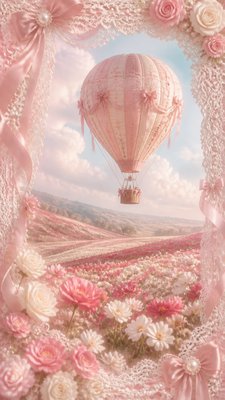 a hot air balloon drifting over rolling flower fields on a sunny day, cheerful, no text