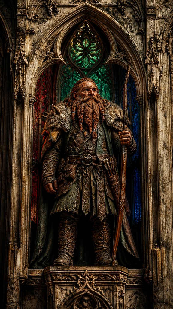 full-body original character: a dwarven ranger with a braided auburn beard, worn leather armor, a longbow and a wolf-pelt cloak, neutral background, no text