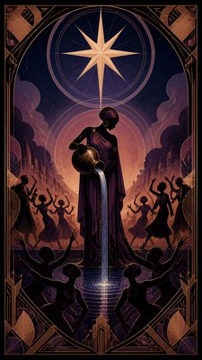a robed figure pouring water beneath a large eight-pointed star in a night sky, symmetrical composition with an ornate decorative border, no text