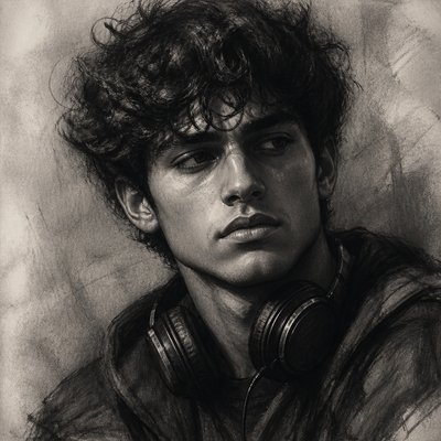head-and-shoulders portrait of an original character: a young man with curly dark hair and headphones around his neck, plain backdrop, no text
