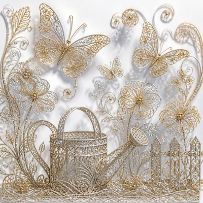 a garden scene with butterflies, flowers and a watering can, clean uncolored line art, no text
