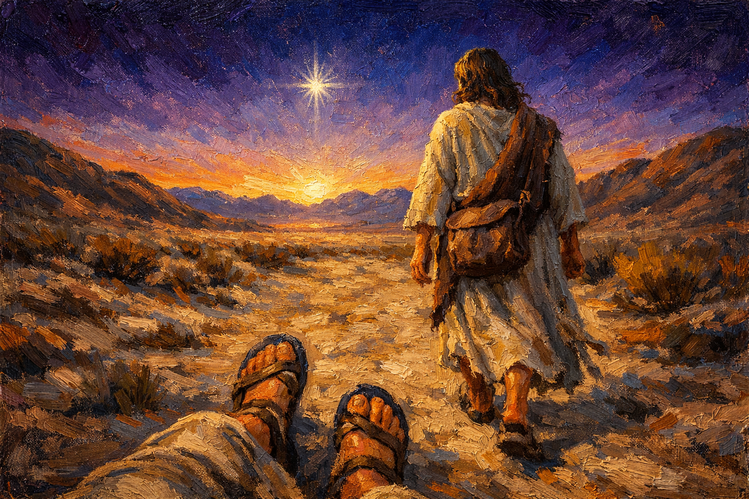 Personal POV scene. Me and Jesus in the desert on a cool morning at daybreak walking toward a bright star. Jesus is wearing old clothes and carrying a satchel. I’m wearing old clothes and sandals just like Him. The air is cool and crisp. The sky is bright blue on the horizon with deep purple fading into black at the upper atmosphere. The air is crisp and clear. It’s like the desert in California looking east toward Arizona. There are desert hills on the north and south sides and mountains in the distance.