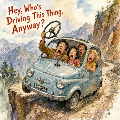 This is a crazy scene. A tiny car, something like a Fiat Bambino careens down a mountain road with 4 people inside. 1 of them, the driver, is holding up the steering wheel, which is detached from its column. The people are comically frightened. The caption is "Hey, Who's Driving This Thing, Anyway?"
