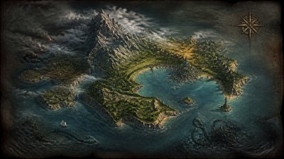 a map of an island realm with mountains, forests, a sheltered bay, sea monsters in the water and a compass rose, no text labels