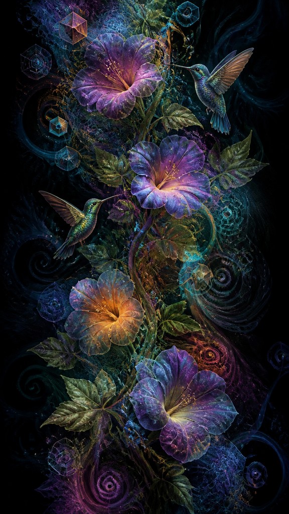 a climbing vine of flowers and hummingbirds on a dark background, tall wrapping composition, no text
