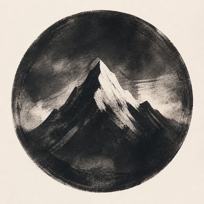 an emblem of a mountain peak inside a circle, simple bold shapes on a plain background, no text or lettering