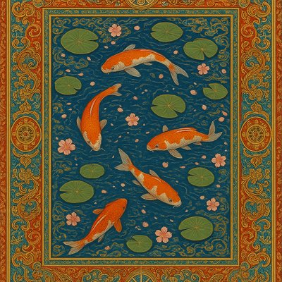 A koi pond seen from above, orange and white koi fish swimming among lily pads, clear water with subtle ripples, fallen cherry blossom petals floating on the surface, dappled sunlight