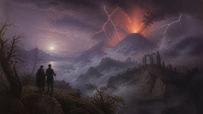 an erupting volcano with lightning strikes, dramatic wide composition, no text