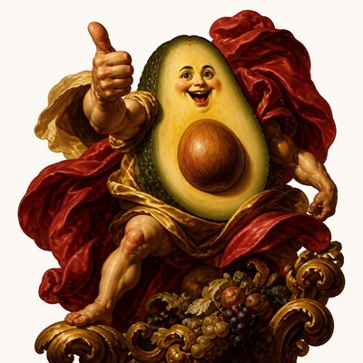 a happy avocado character giving a thumbs up, bold readable design on a plain background, no text