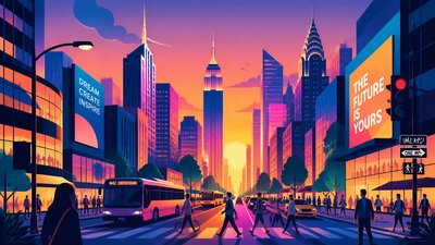 bustling city street panorama at dusk