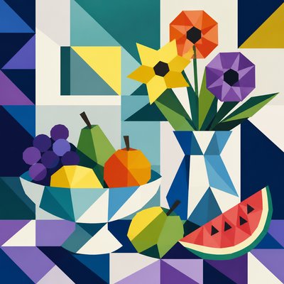 still life arrangement of fruits and flowers