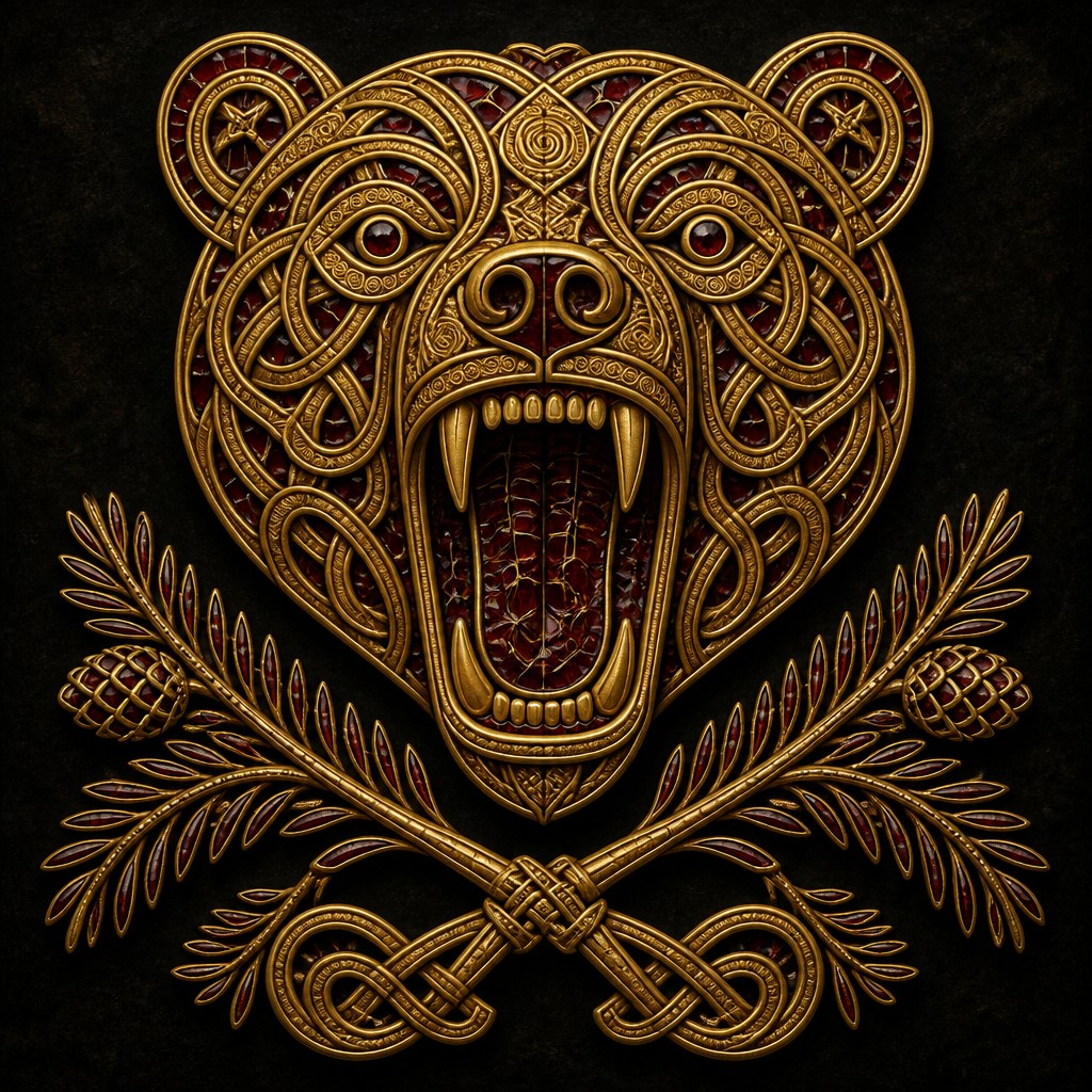 a roaring bear head above crossed pine branches, bold graphic composition on a plain background, no text