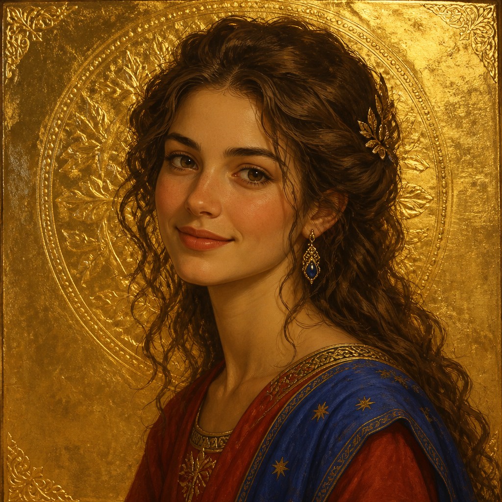 head-and-shoulders portrait of an original character: a young woman with wavy chestnut hair and a warm smile, plain soft backdrop
