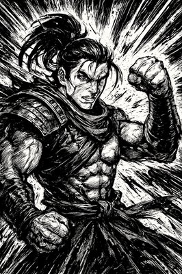 a black and white drawing of a man with a sword