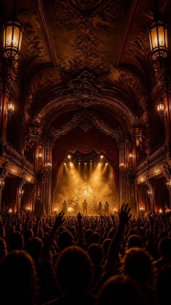 a live music scene with a glowing stage and silhouetted crowd, energetic vertical composition with open space at the top, no text